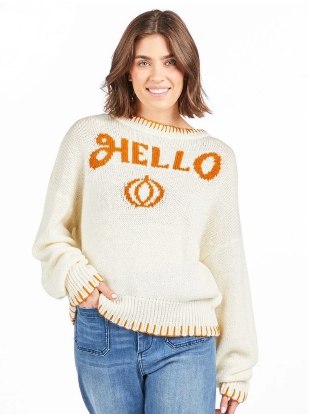 Simply Southern Cream Knit Sweater with Orange "HELLO"